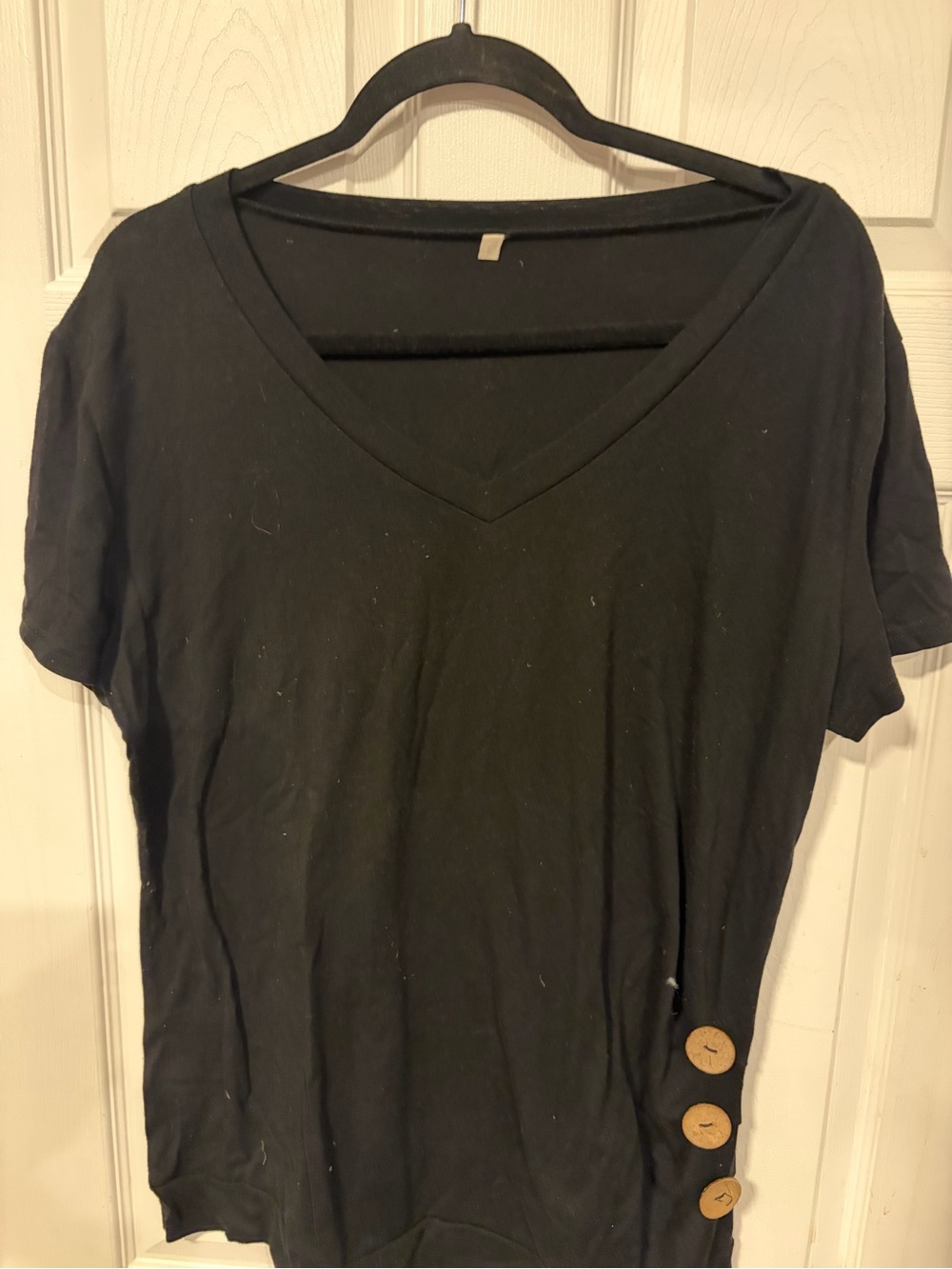Women’s V-Neck Short Sleeve Top in Black with Button Detail